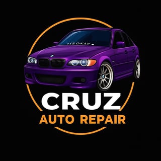 CRUZ Auto Repair logo featuring a purple sports car inside an orange circle with text on black background