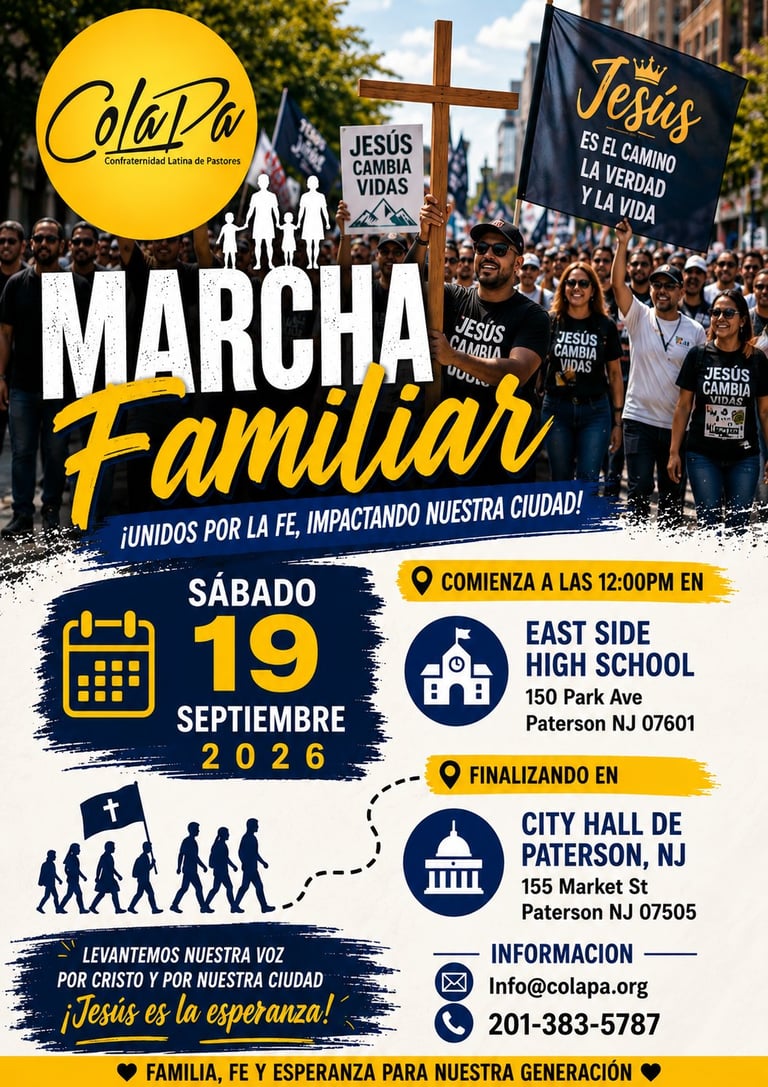 Poster for Marcha Familiar family march on Saturday September 19, 2026 in Paterson, NJ, starting at East Side High School