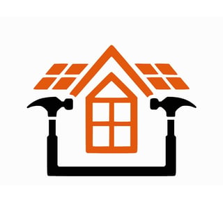 Home construction icon with orange house, roof, two hammers, and foundation base symbolizing building and repair services